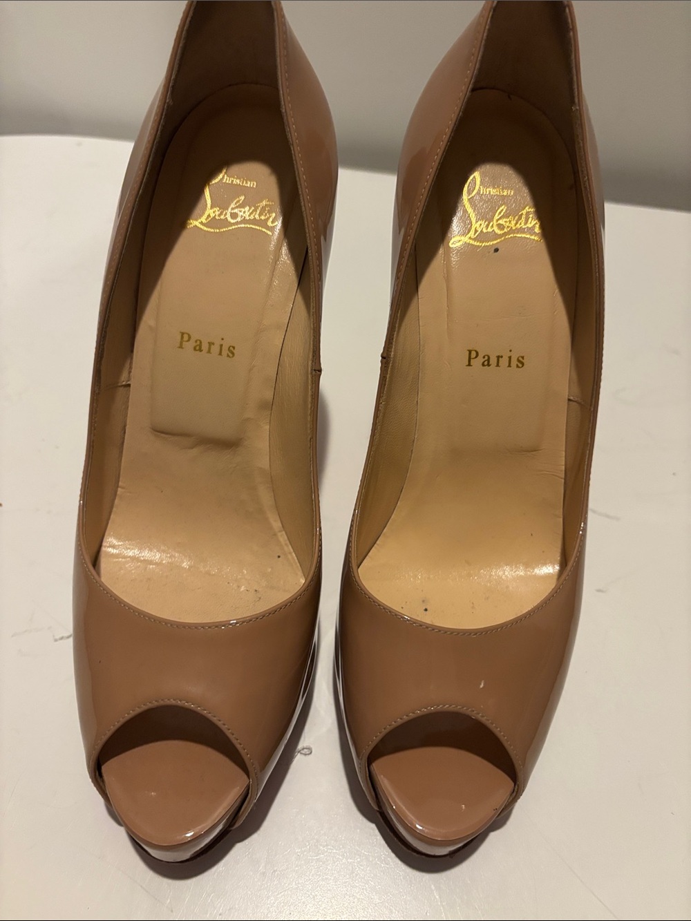Christian Louboutin Tan Patent Leather Peep-Toe Pumps